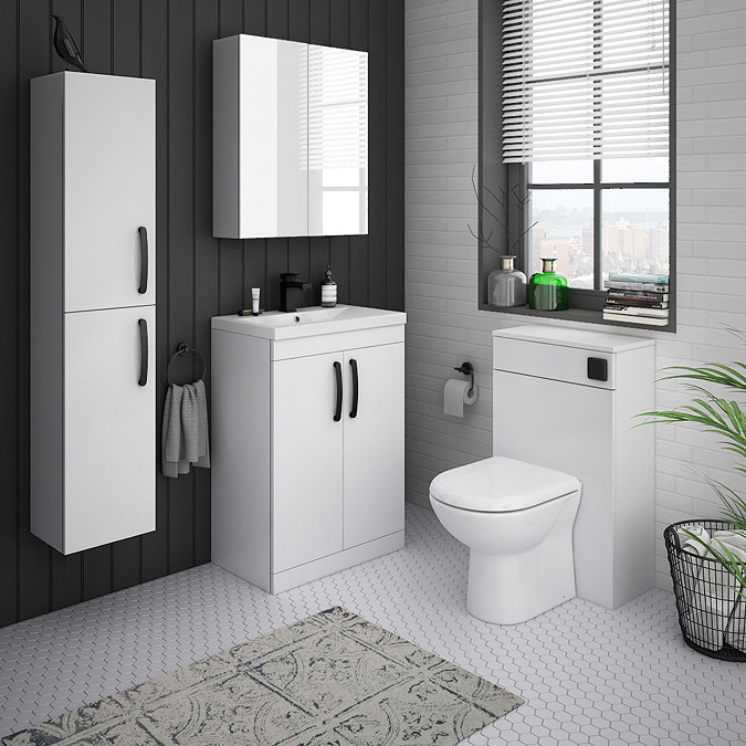 Brooklyn Gloss White Vanity Unit - 600mm Wide with Matt Black Handles  In Bathroom Large Image