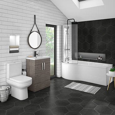 Brooklyn Grey Avola Bathroom Suite + B-Shaped Bath  Profile Large Image