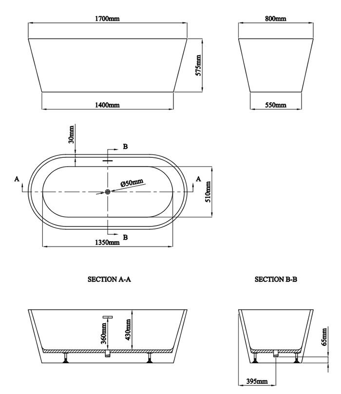 Brooklyn Matt Black 1700 x 800mm Double Ended Freestanding Bath with Matt Black Waste