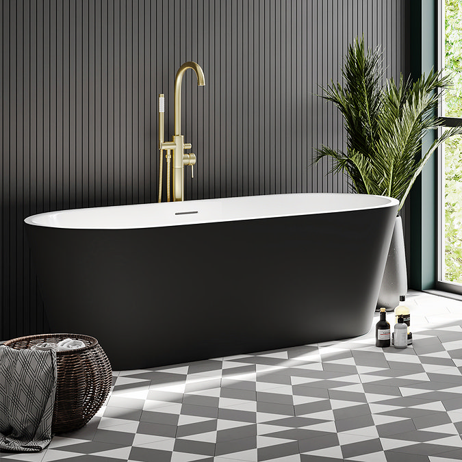 Brooklyn Matt Black Exterior 1700 x 800mm Double Ended Freestanding Bath with Brushed Brass Waste