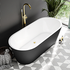 Brooklyn Matt Black Exterior 1700 x 800mm Double Ended Freestanding Bath with Brushed Brass Waste