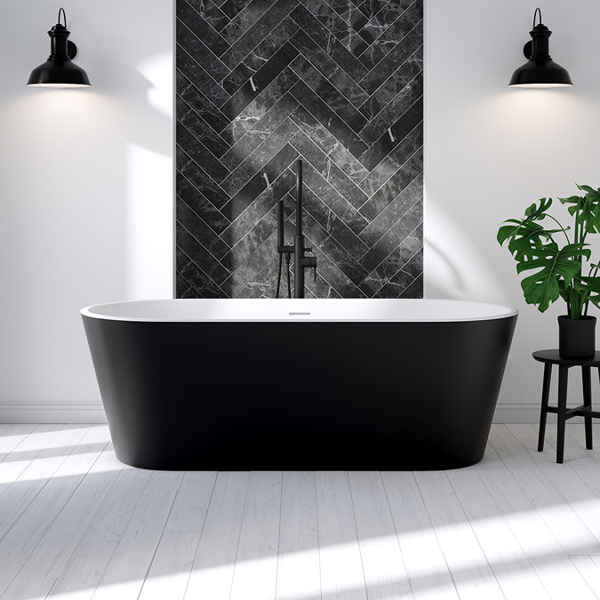 Brooklyn Matt Black Exterior 1700 x 800mm Double Ended Freestanding Bath with Matt Black Waste