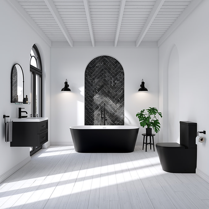Brooklyn Matt Black Exterior 1700 x 800mm Double Ended Freestanding Bath with Matt Black Waste