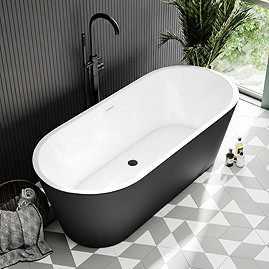 Brooklyn Matt Black Exterior 1700 x 800mm Double Ended Freestanding Bath with Matt Black Waste
