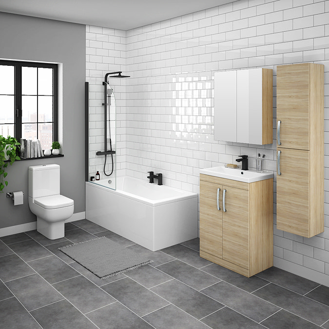 Brooklyn Natural Oak Bathroom Suite with Tall Wall Hung Cabinet Large Image