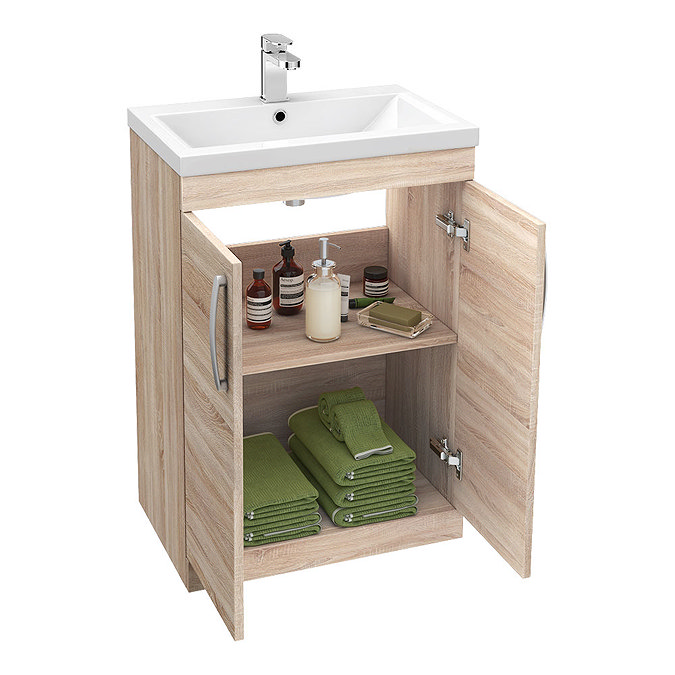 Brooklyn Natural Oak L Shaped Bath Suite (with Vanity + Tall Cabinet)  In Bathroom Large Image