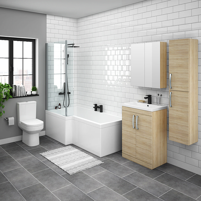 Brooklyn Natural Oak L Shaped Bath Suite (with Vanity + Tall Cabinet) Large Image