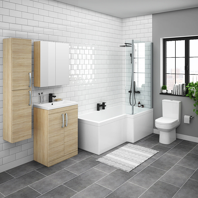 Brooklyn RH Natural Oak L Shaped Bath Suite (with Vanity + Tall Cabinet) Large Image