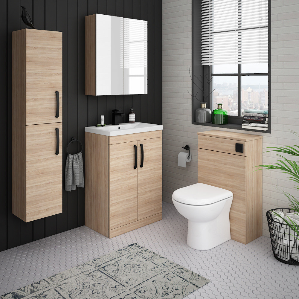 Brooklyn Natural Oak Vanity Unit - 600mm Wide with Matt Black Handles ...