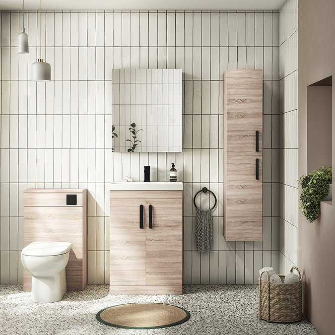 Brooklyn Natural Oak Vanity Unit - 600mm Wide with Matt Black Handles Standard Large Image