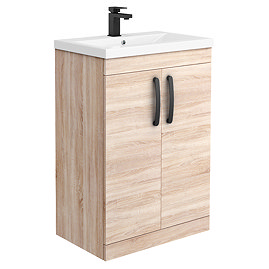 Brooklyn Natural Oak Vanity Unit - 600mm Wide with Matt Black Handles Large Image