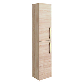 Brooklyn Natural Oak Wall Hung Tall Storage Cabinet with Brushed Brass Handles Medium Image