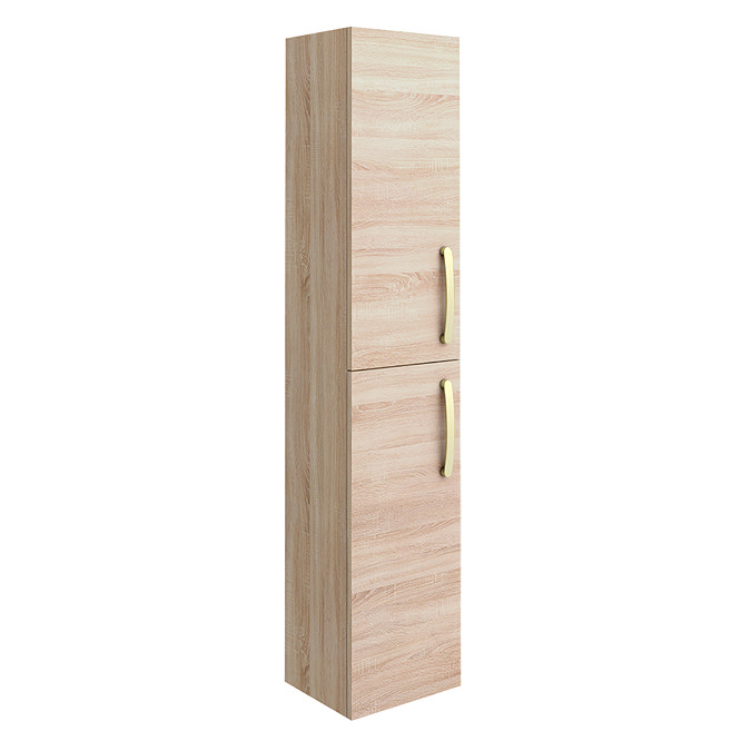 Brooklyn Natural Oak Wall Hung Tall Storage Cabinet with Brushed Brass Handles Large Image