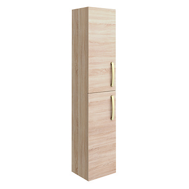 Brooklyn Natural Oak Wall Hung Tall Storage Cabinet with Brushed Brass Handles  Profile Large Image