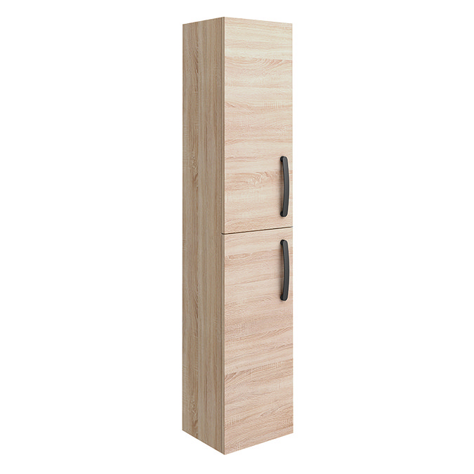 Brooklyn Natural Oak Wall Hung Tall Storage Cabinet with Matt Black Handles Large Image