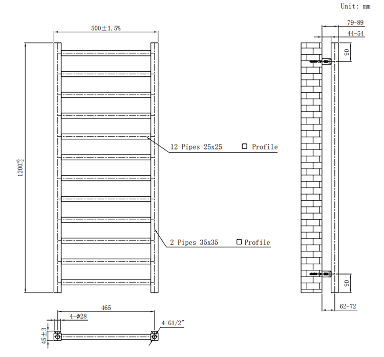 Brooklyn Square 1200 x 500mm Black Nickel Heated Towel Rail