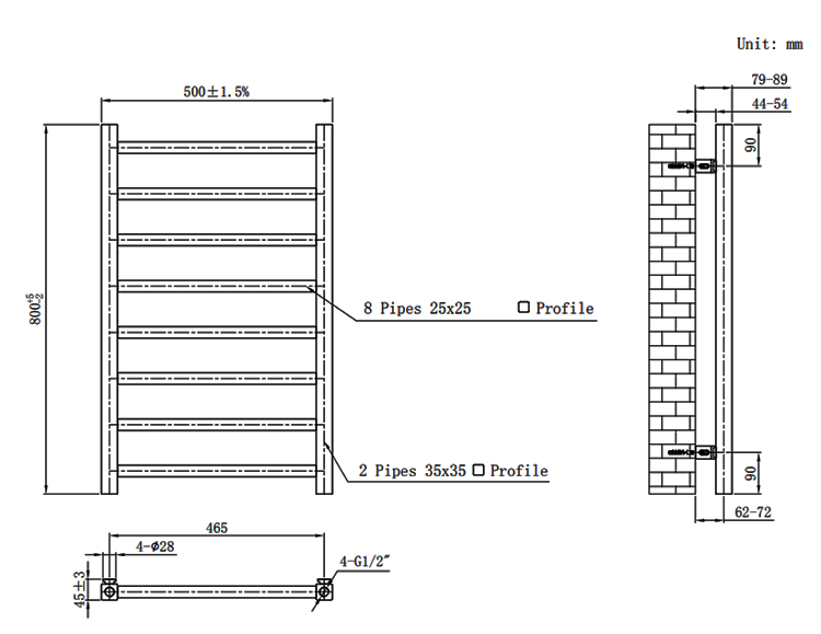 Brooklyn Square 800 x 500mm Black Nickel Heated Towel Rail