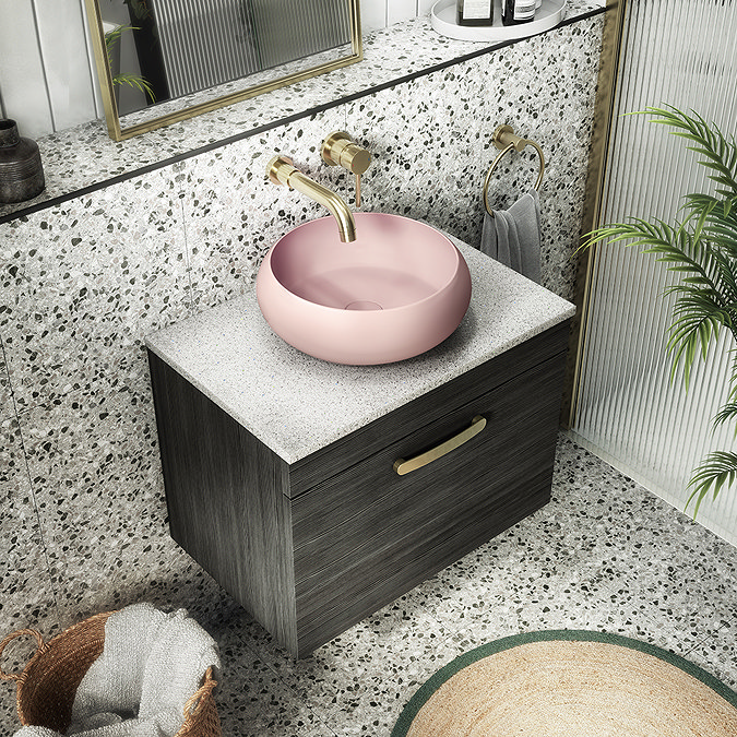 Brooklyn Wall Hung Countertop Vanity - Black - 600mm with White Worktop & Brushed Brass Handle Prof