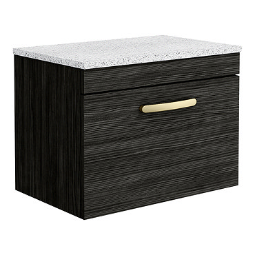 Brooklyn Wall Hung Countertop Vanity - Black - 600mm with White Worktop & Brushed Brass Handle  Prof