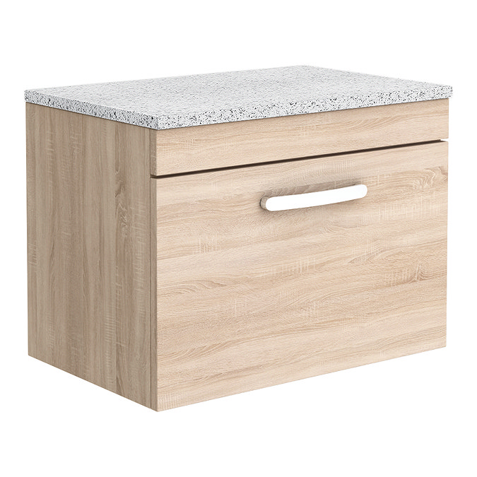 Brooklyn Wall Hung Countertop Vanity Unit - Natural Oak - 600mm with White Worktop & Chrome Handle L