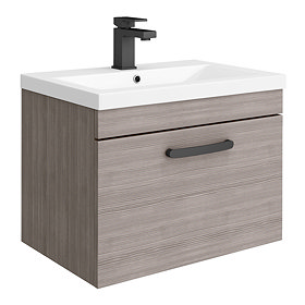 Brooklyn Wall Hung Vanity - Grey Avola - 600mm Wide 1-Drawer inc. Matt Black Handle Large Image