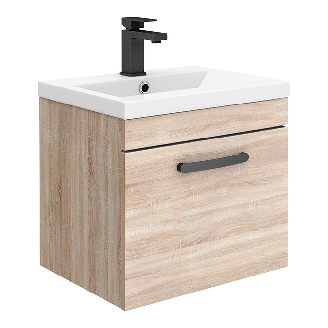 Brooklyn Wall Hung Vanity - Natural Oak - 500mm Wide 1-Drawer inc. Matt Black Handle Large Image