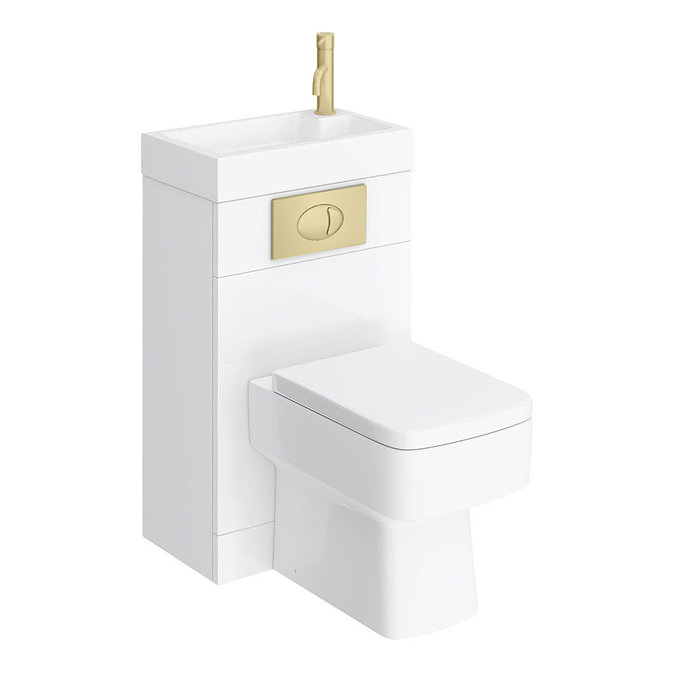 Brooklyn White Gloss Combined Two-In-One Wash Basin, Toilet & Brushed Brass Flush Plate (500mm wide x 300mm)