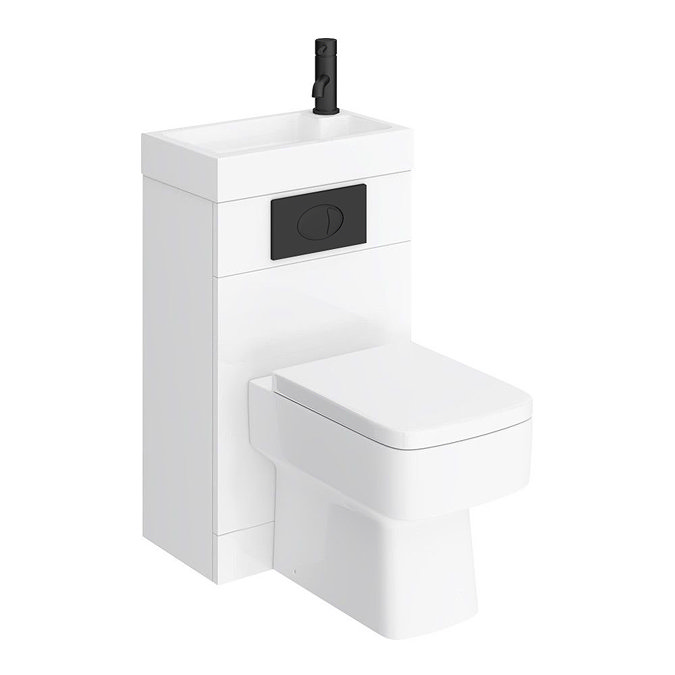 Brooklyn White Gloss Combined Two-In-One Wash Basin, Toilet & Matt Black Flush Plate