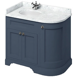 Burlington 100 3-Door Corner Vanity Unit & Minerva Carrara White Worktop with Basin (Blue - Left Han