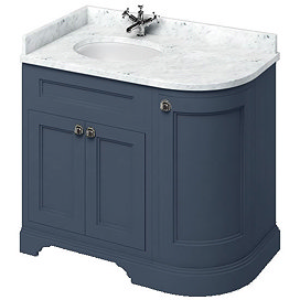 Burlington 100 3-Door Corner Vanity Unit & Minerva Carrara White Worktop with Basin (Blue - Left Han