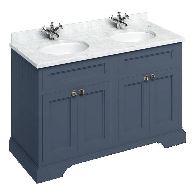 Burlington 130 4-Door Vanity Unit & Minerva Carrara White Worktop with Double Basin - Blue Large Ima