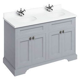 Burlington 130 4-Door Vanity Unit & Minerva White Worktop with Double Basin - Classic Grey Large Ima