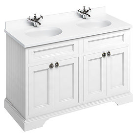 Burlington 130 4-Door Vanity Unit & Minerva White Worktop with Double Basin - Matt White Large Image