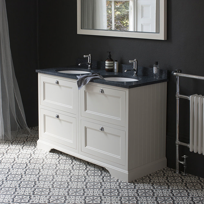 Burlington 130 4-Drawer Vanity Unit & Minerva Worktop with Double Basin - Dark Olive Feature Large Image