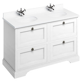 Burlington 130 4-Drawer Vanity Unit & Minerva White Worktop with Double Basin - Matt White Large Ima