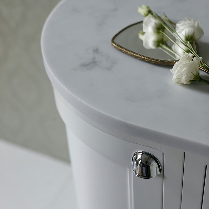 Burlington 134 2-Door/Drawer Curved Vanity Unit & Minerva Worktop with Basin - Dark Olive Feature La