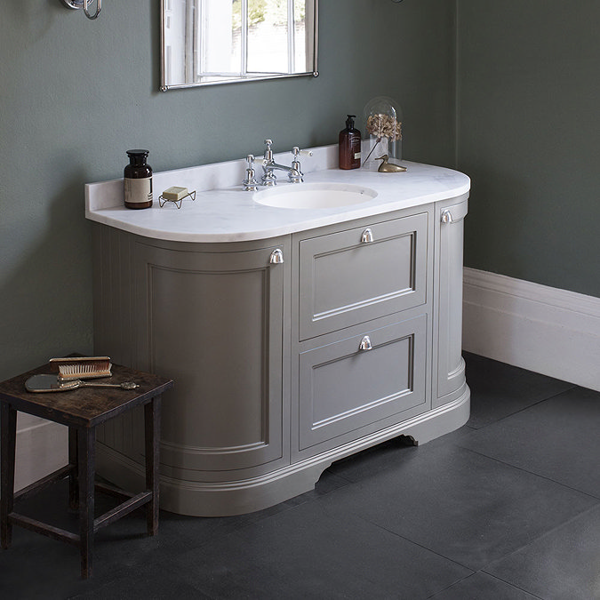 Burlington 134 2-Door/Drawer Curved Vanity Unit & Minerva Worktop with Basin - Dark Olive Standard L