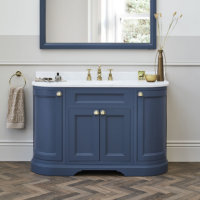 Burlington 134 4-Door Curved Vanity Unit & Minerva Black Granite Worktop with Basin - Blue Feature