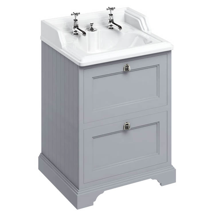 Burlington 65 2-Drawer Vanity Unit & Classic Invisible Overflow/Waste Basin (Classic Grey - 2 Tap Ho