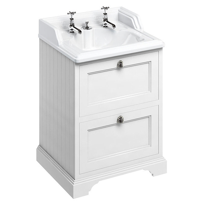 Burlington 65 2-Drawer Vanity Unit & Classic Invisible Overflow/Waste Basin (Matt White - 2 Tap Hole