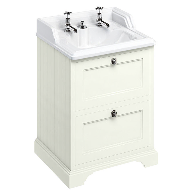 Burlington 65 2-Drawer Vanity Unit & Classic Invisible Overflow/Waste Basin (Sand - 2 Tap Hole) Larg