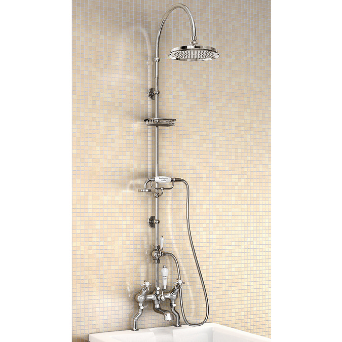 Burlington Anglesey Angled Bath Shower Mixer w Riser, Curved Arm, 9" Rose & Handset Large Image