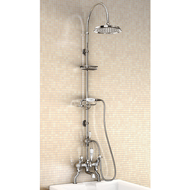 Burlington Anglesey Angled Bath Shower Mixer w Riser, Curved Arm, 9" Rose & Handset Profile Large Im