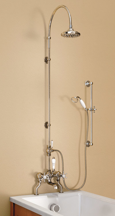 Burlington Anglesey Bath Shower Mixer w Riser, Curved Arm, 6" Rose, Diverter & Slider Rail Large Image