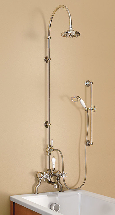 Burlington Anglesey Bath Shower Mixer w Riser, Curved Arm, 6" Rose, Diverter & Slider Rail Profile Large Image