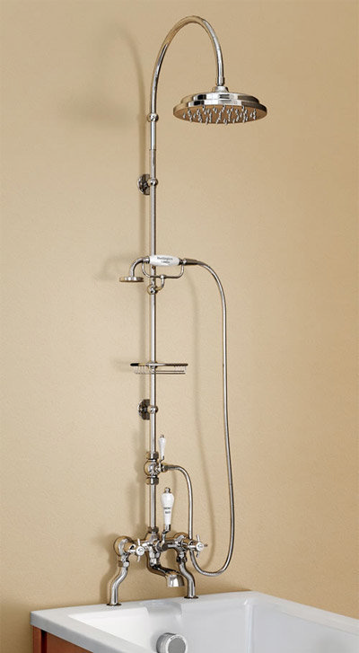 Burlington Anglesey Bath Shower Mixer w Riser, Curved Arm, 9" Rose, Diverter, Cradle & Soap Basket Large Image