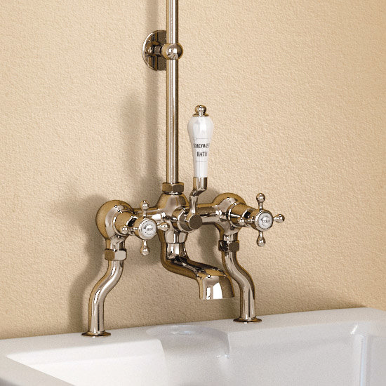 Burlington Anglesey Bath Shower Mixer w Riser, Straight Arm, 9" Rose & Soap Basket Profile Large Image