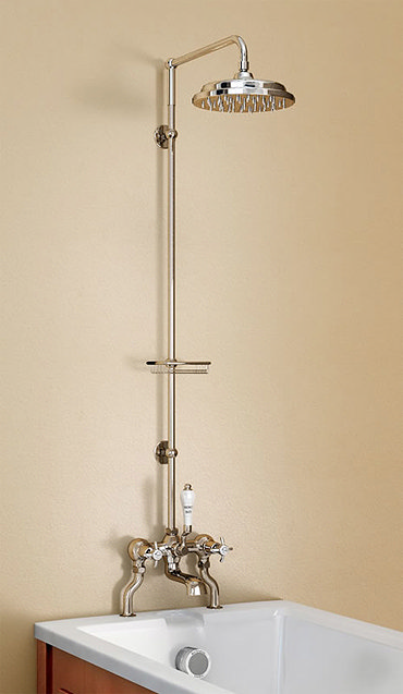 Burlington Anglesey Bath Shower Mixer w Riser, Straight Arm, 9" Rose & Soap Basket Profile Large Image