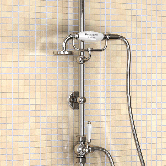 Burlington Birkenhead Angled Bath Shower Mixer w Riser, Curved Arm, 9" Rose & Handset Standard Large