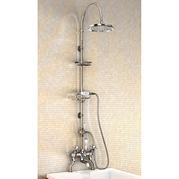 Burlington Birkenhead Angled Bath Shower Mixer w Riser, Curved Arm, 9" Rose & Handset Profile Large 
